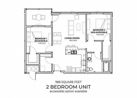 2 Bedroom Floor Plan at SouthPointe Village Apartments, LP, Fishers, 46038